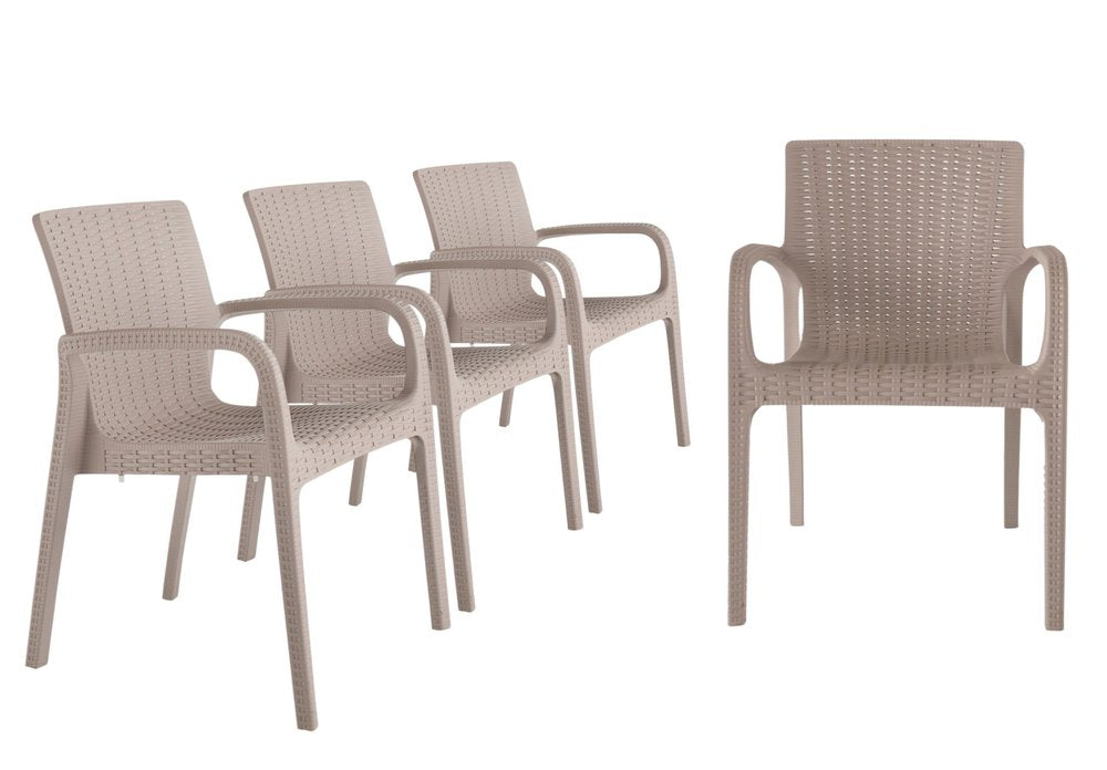 Set of Four 24" Taupe Faux Rattan Heavy Duty Plastic Outdoor Stacking Arm Chairs