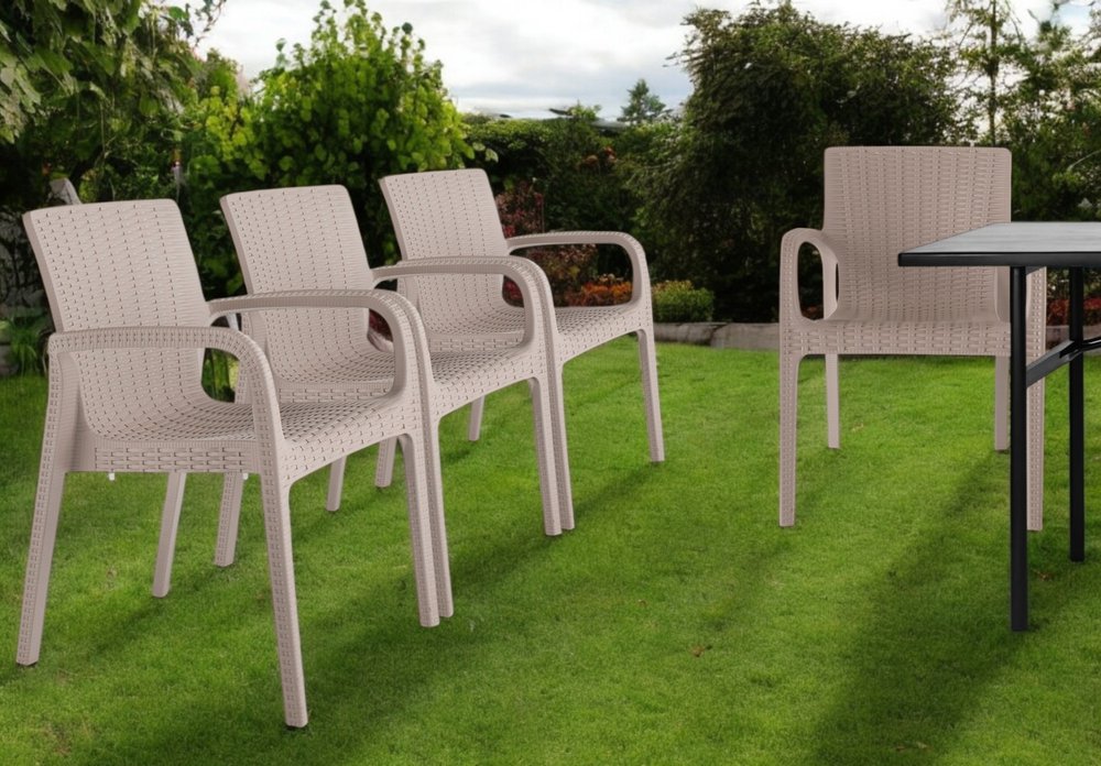 Set of Four 24" Taupe Faux Rattan Heavy Duty Plastic Outdoor Stacking Arm Chairs