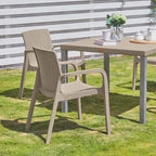 Set of Two Taupe Faux Rattan Heavy Duty Plastic Outdoor Stacking Arm Chairs
