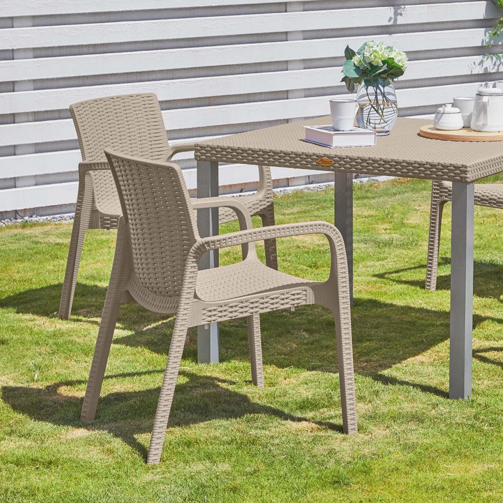 Set of Four 24" Taupe Faux Rattan Heavy Duty Plastic Outdoor Stacking Arm Chairs
