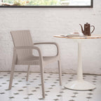 Set of Two Taupe Faux Rattan Heavy Duty Plastic Outdoor Stacking Arm Chairs