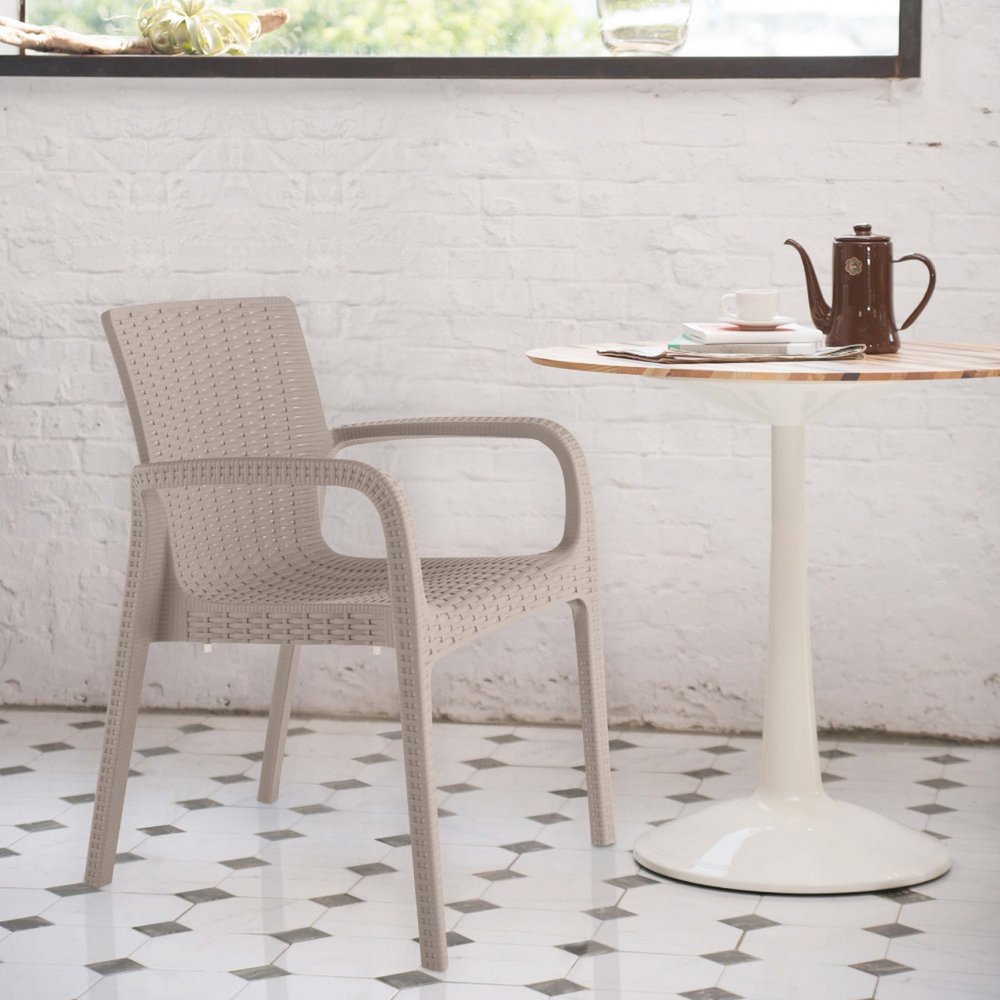 Set of Four 24" Taupe Faux Rattan Heavy Duty Plastic Outdoor Stacking Arm Chairs