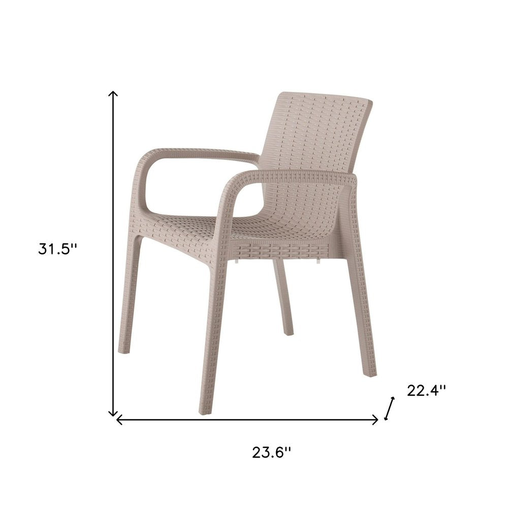 Set of Two Taupe Faux Rattan Heavy Duty Plastic Outdoor Stacking Arm Chairs