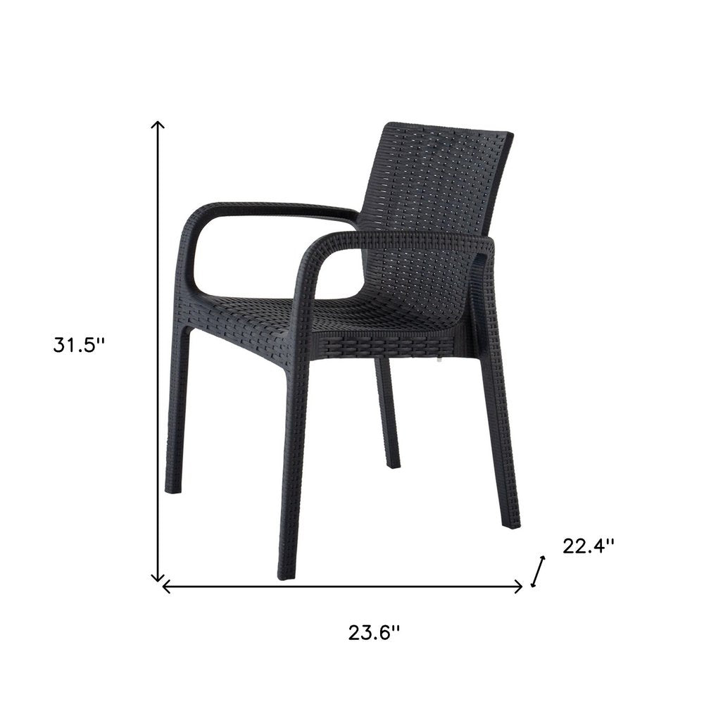 Set of Four 24" Black Faux Rattan Heavy Duty Plastic Outdoor Stacking Arm Chairs
