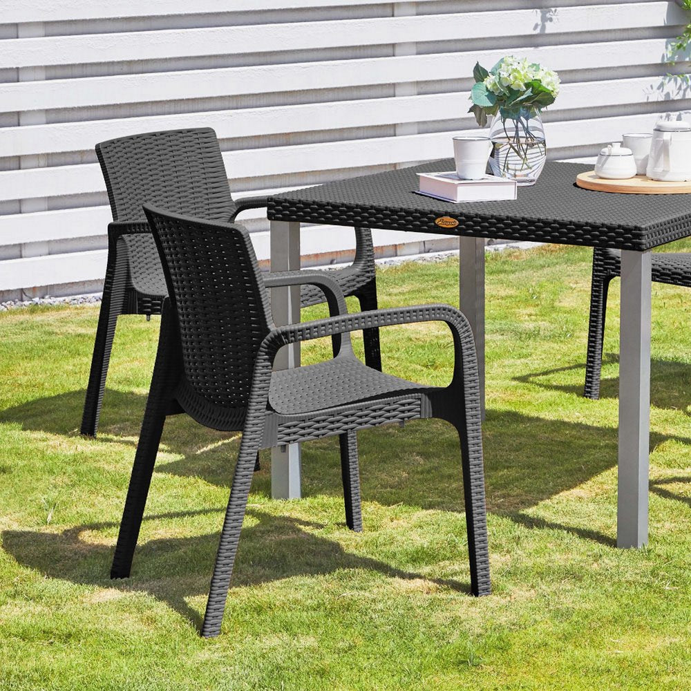 Set of Two Black Faux Rattan Heavy Duty Plastic Outdoor Stacking Arm Chairs