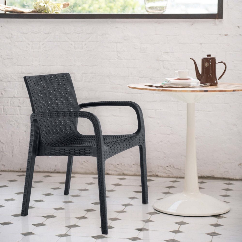 Set of Four 24" Black Faux Rattan Heavy Duty Plastic Outdoor Stacking Arm Chairs