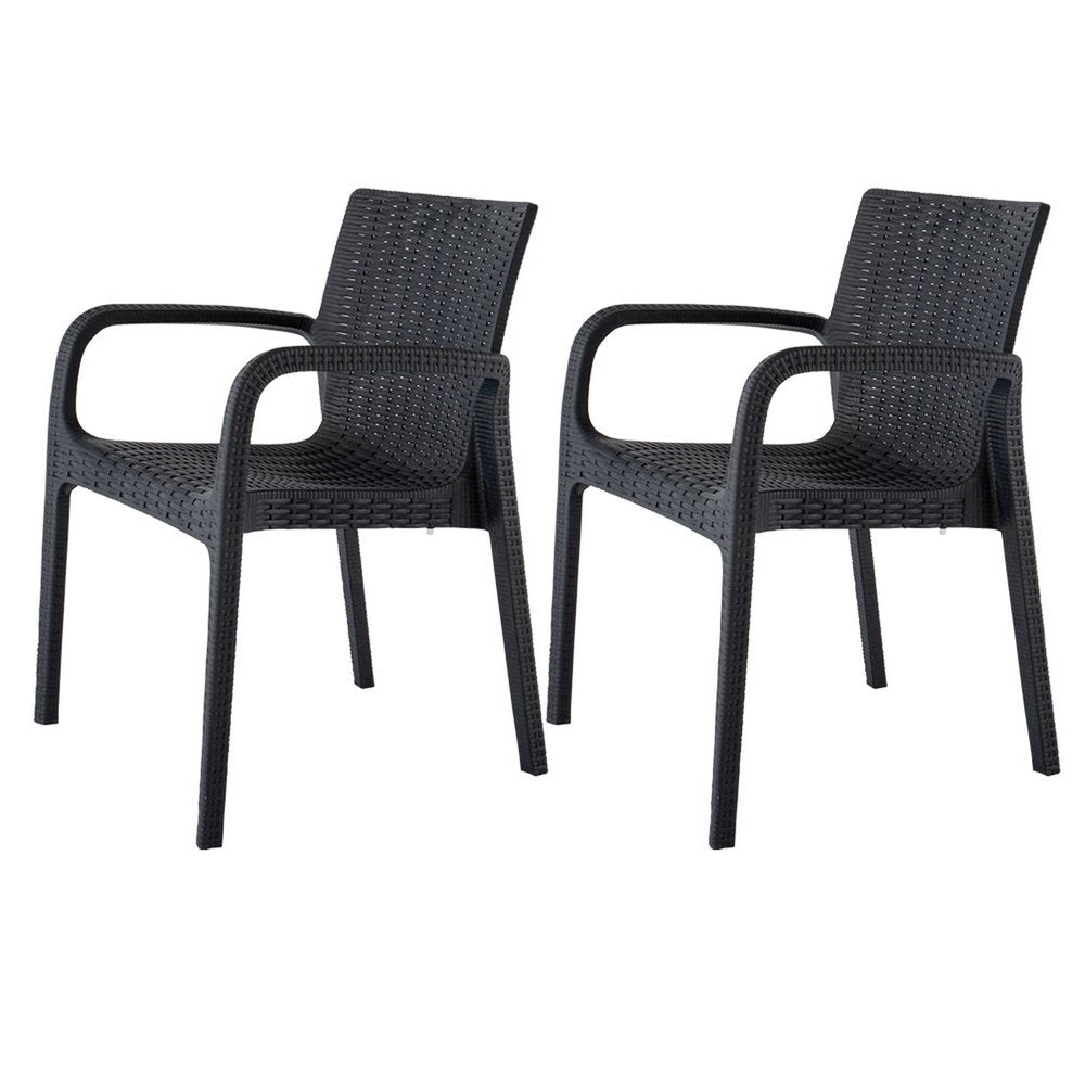 Set of Four 24" Black Faux Rattan Heavy Duty Plastic Outdoor Stacking Arm Chairs