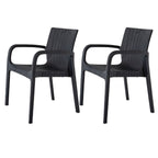 Set of Two Black Faux Rattan Heavy Duty Plastic Outdoor Stacking Arm Chairs