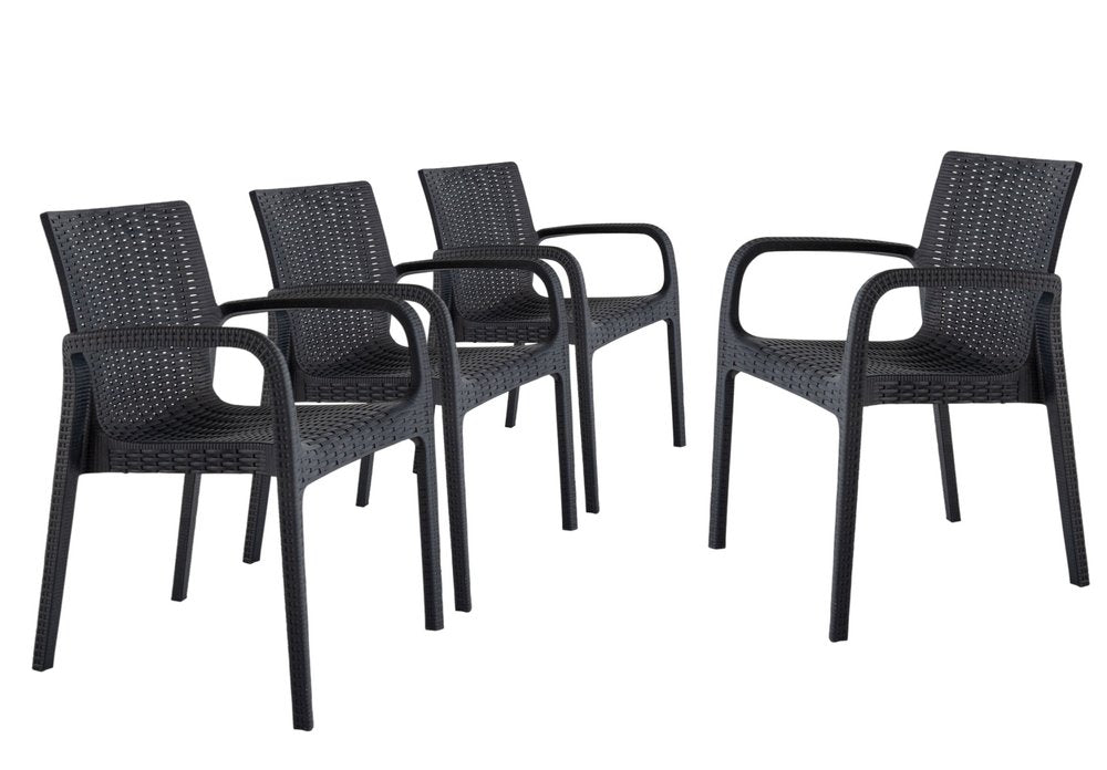 Set of Four 24" Black Faux Rattan Heavy Duty Plastic Outdoor Stacking Arm Chairs