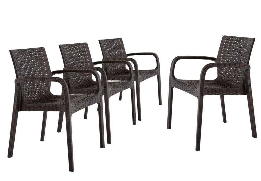 Set of Four 24" Brown Faux Rattan Heavy Duty Plastic Outdoor Stacking Arm Chairs