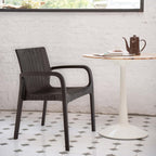 Set of Two Brown Faux Rattan Heavy Duty Plastic Outdoor Stacking Arm Chairs