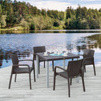 Set of Two Brown Faux Rattan Heavy Duty Plastic Outdoor Stacking Arm Chairs