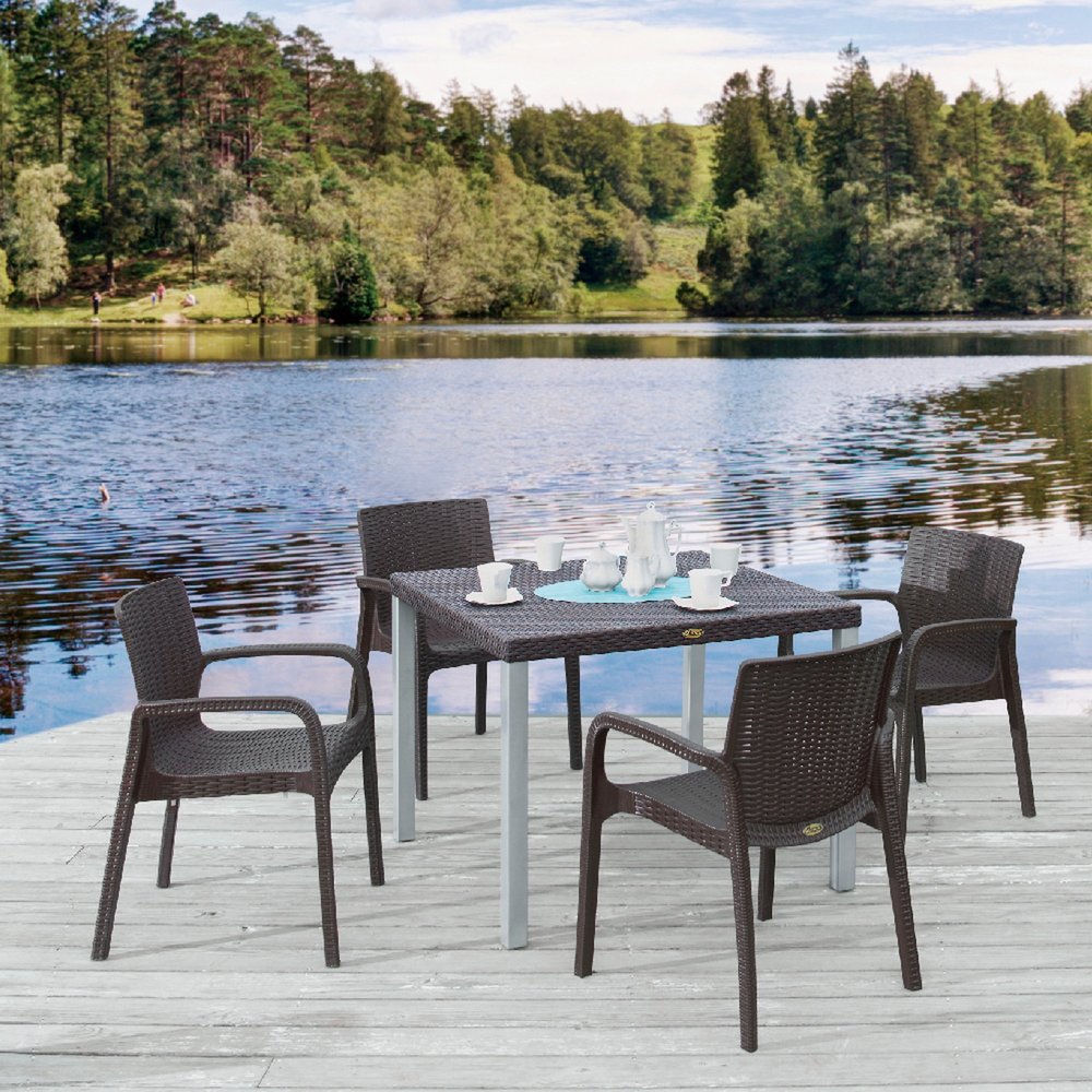 Set of Two Brown Faux Rattan Heavy Duty Plastic Outdoor Stacking Arm Chairs