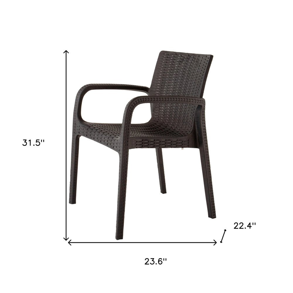 Set of Four 24" Brown Faux Rattan Heavy Duty Plastic Outdoor Stacking Arm Chairs