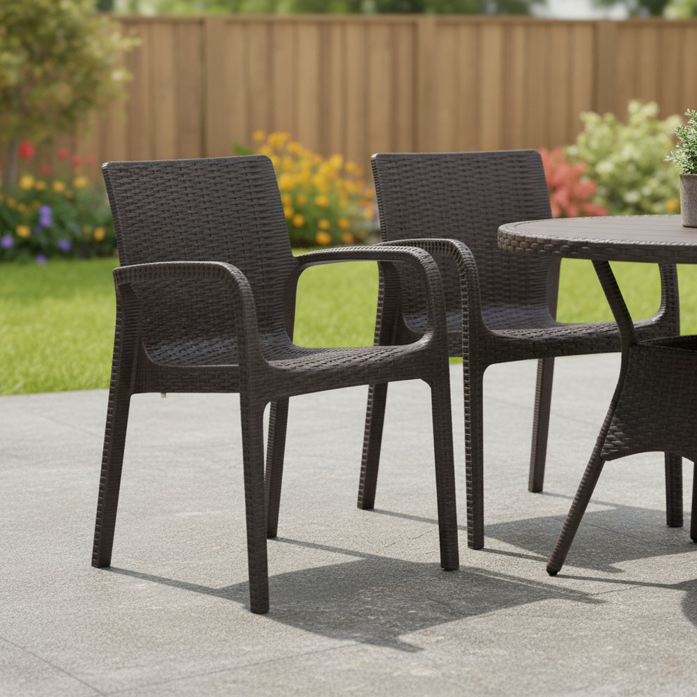 Set of Two Brown Faux Rattan Heavy Duty Plastic Outdoor Stacking Arm Chairs