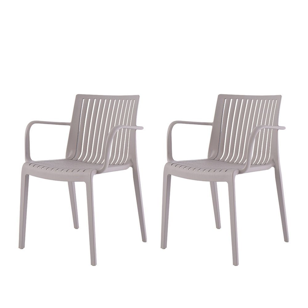 Set of Two Taupe Heavy Duty Plastic Outdoor Stacking Arm Chairs