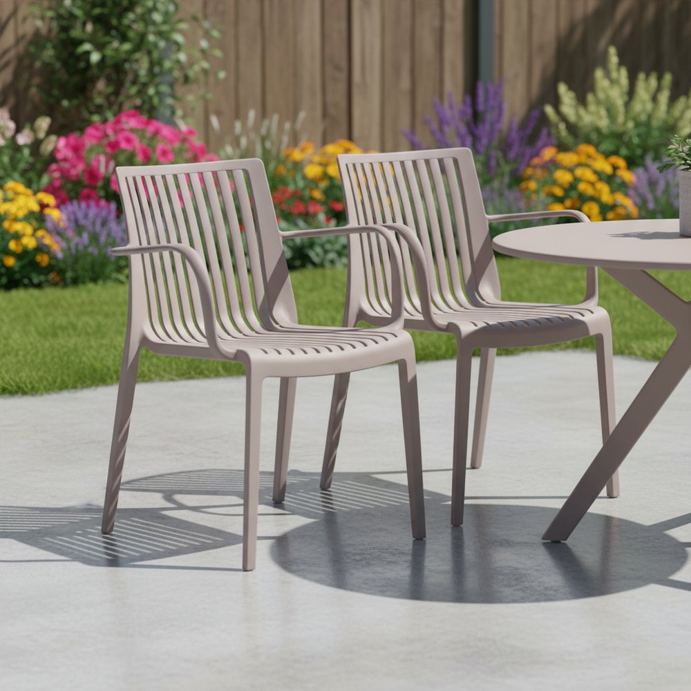 Set of Two Taupe Heavy Duty Plastic Outdoor Stacking Arm Chairs