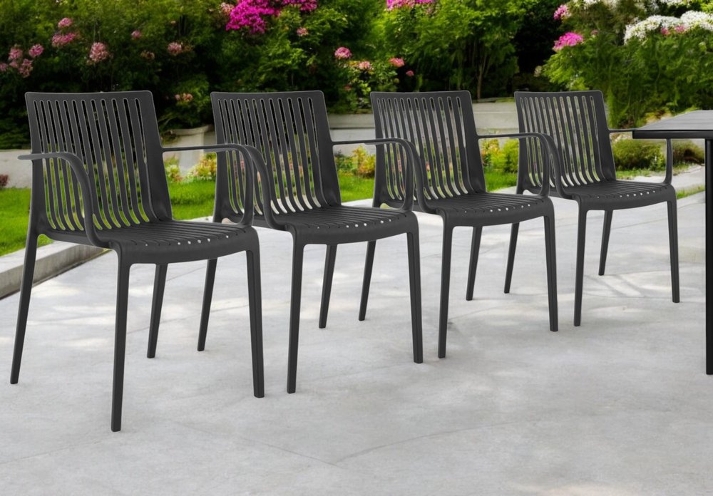 Set of Four 22" Black Heavy Duty Plastic Outdoor Stacking Arm Chairs