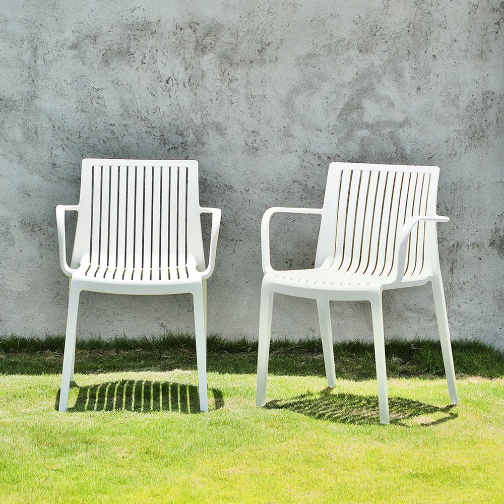 Set of Four 22" White Heavy Duty Plastic Outdoor Stacking Arm Chairs