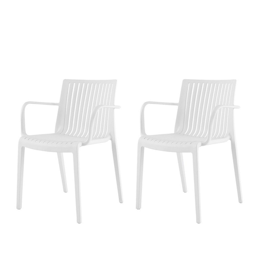 Set of Two White Heavy Duty Plastic Outdoor Stacking Arm Chairs