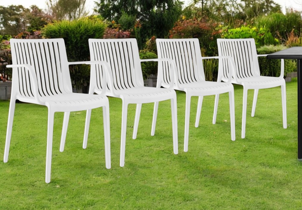 Set of Four 22" White Heavy Duty Plastic Outdoor Stacking Arm Chairs