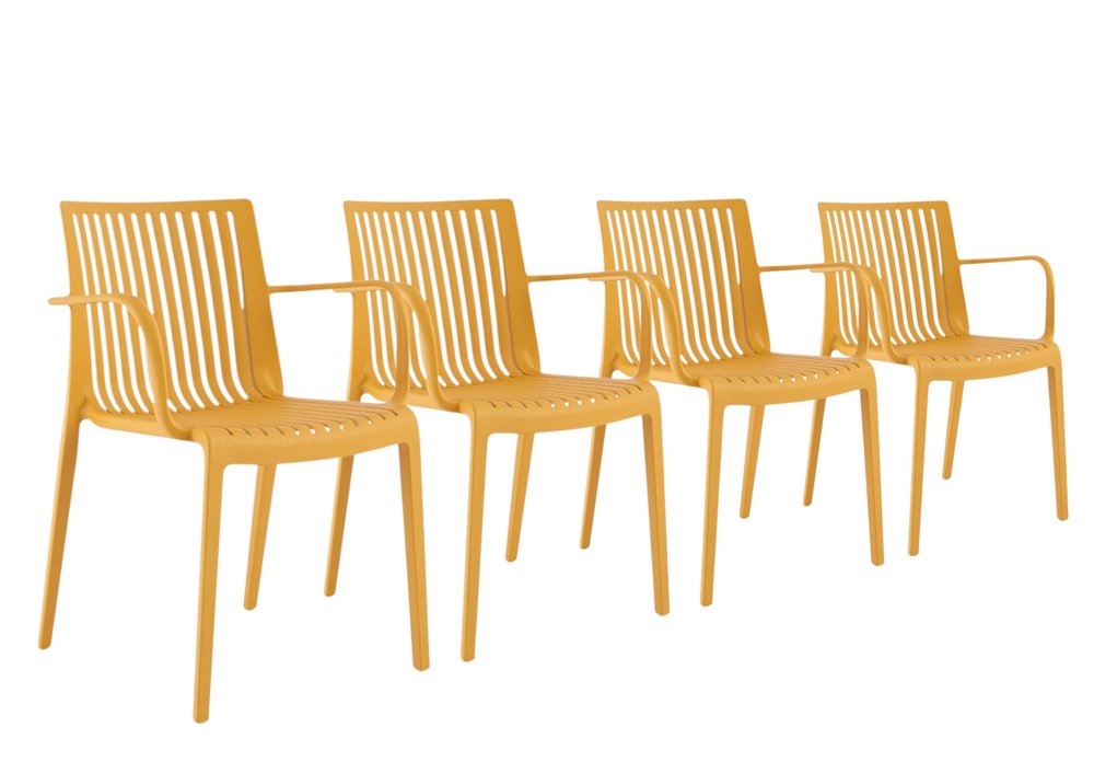 Set of Four 22" Yellow Heavy Duty Plastic Outdoor Stacking Arm Chairs