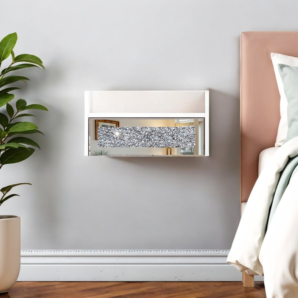 14" White Wood Faux Crystal Bling And Mirrored Glass One Drawer Floating Nightstand