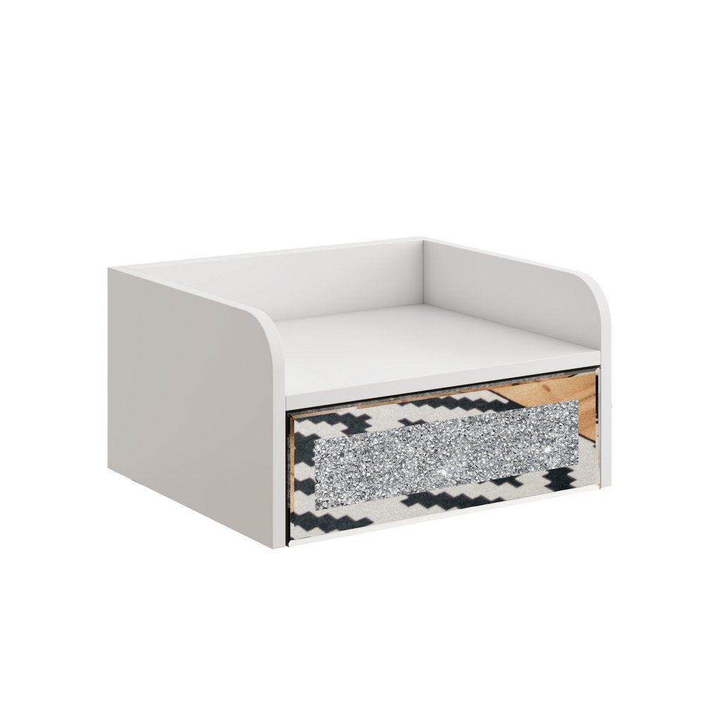 14" White Wood Faux Crystal Bling And Mirrored Glass One Drawer Floating Nightstand