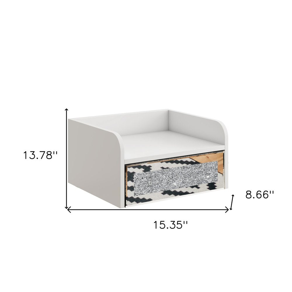 14" White Wood Faux Crystal Bling And Mirrored Glass One Drawer Floating Nightstand