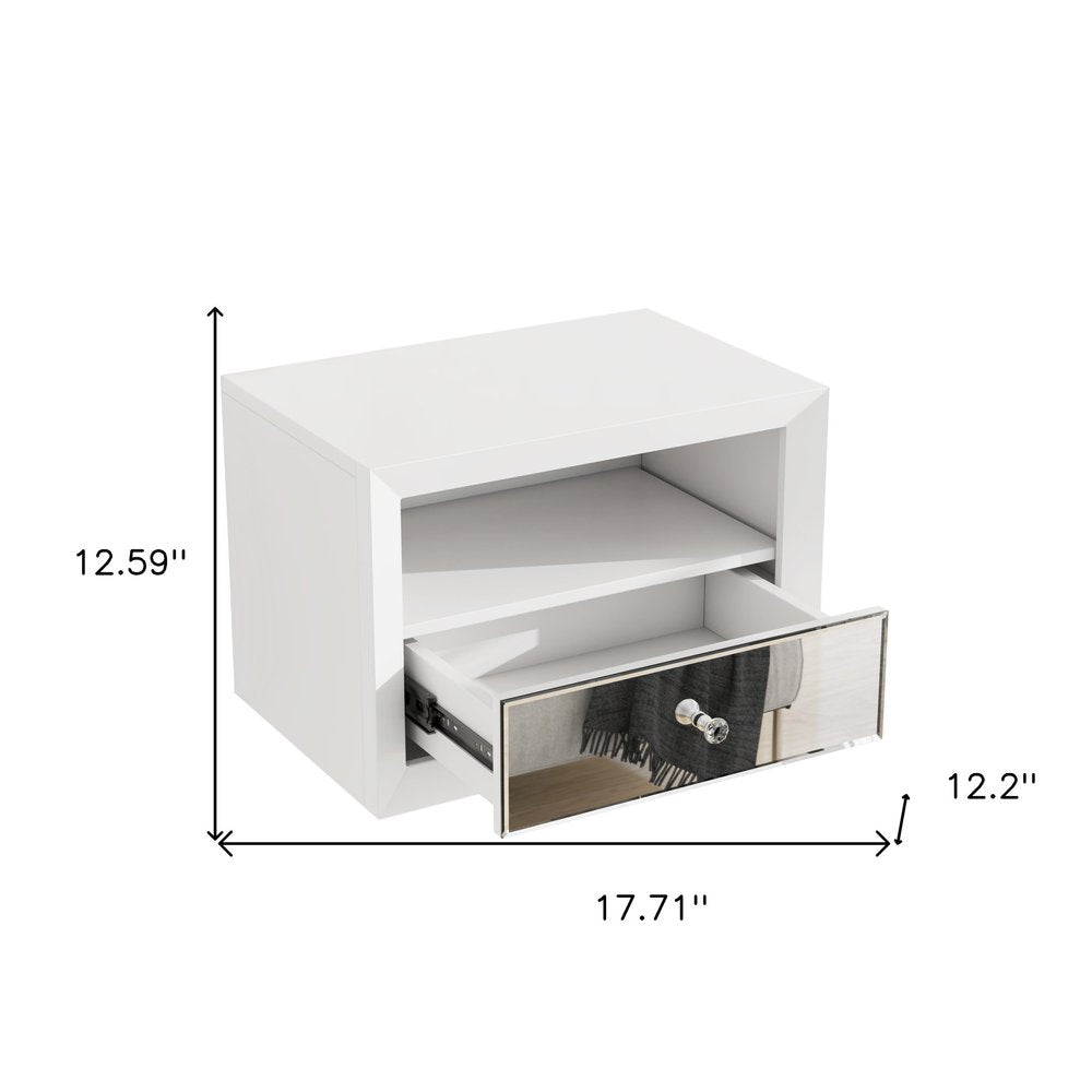 13" White Wood And Mirrored Glass One Drawer Floating Nightstand