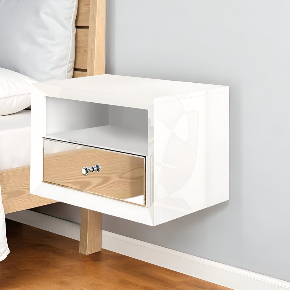13" White Wood And Mirrored Glass One Drawer Floating Nightstand