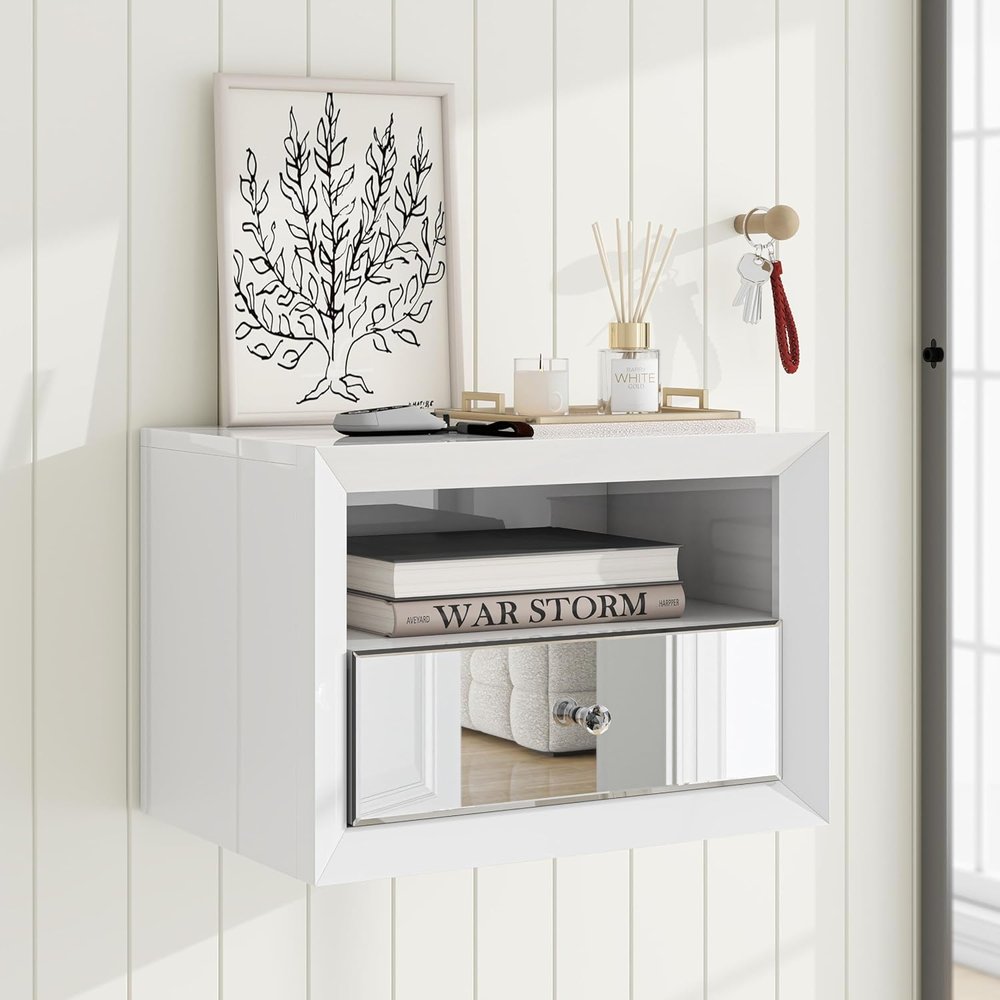 13" White Wood And Mirrored Glass One Drawer Floating Nightstand