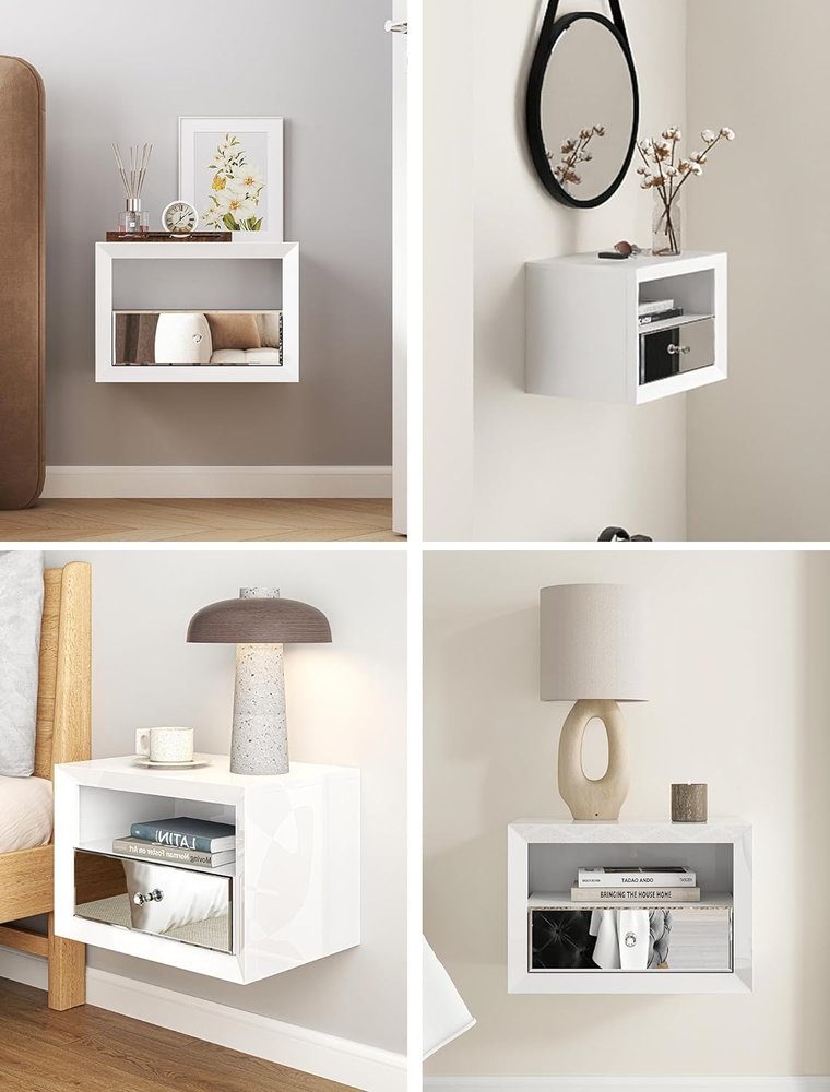 13" White Wood And Mirrored Glass One Drawer Floating Nightstand