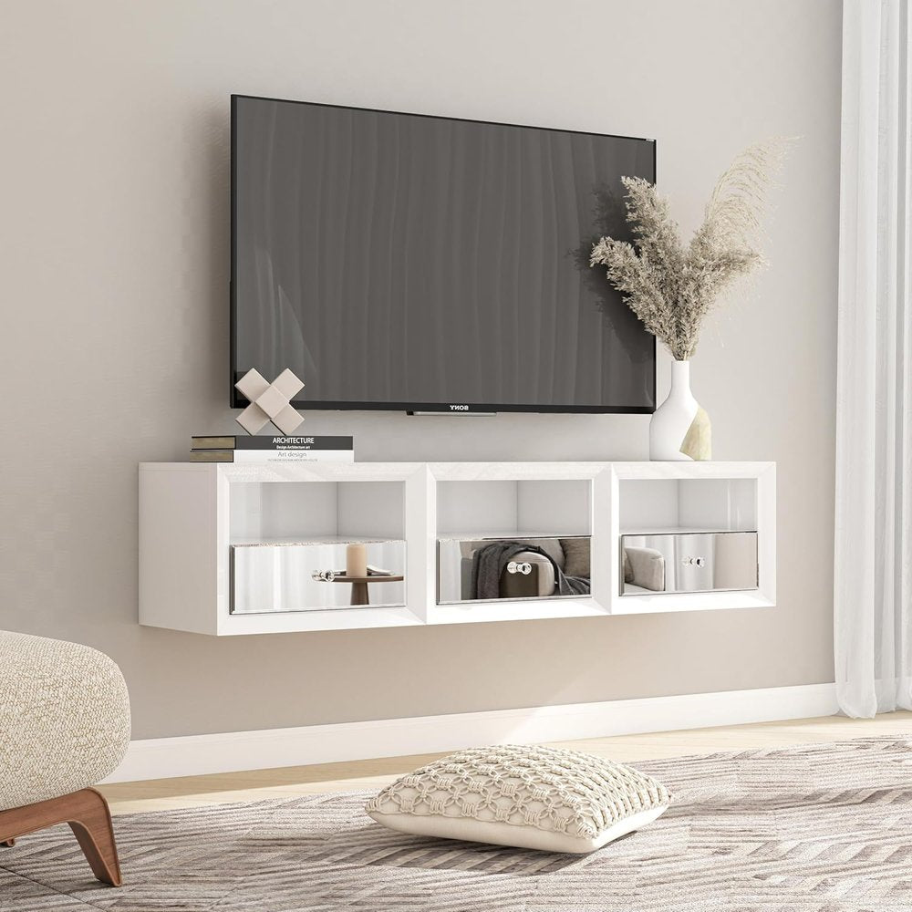 13" White Wood And Mirrored Glass One Drawer Floating Nightstand