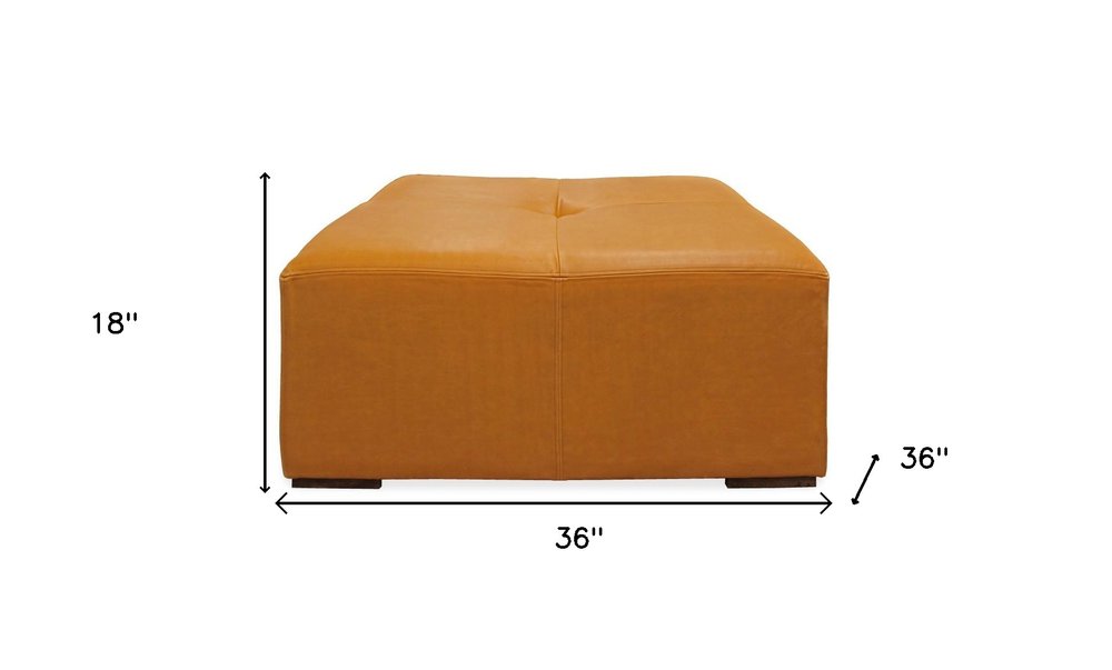 36" Orange Genuine Leather And Solid Wood Square Cocktail Table