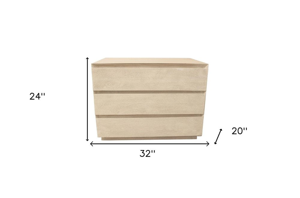 24" Natural Solid Wood Ribbed Texture Three Drawer Nightstand