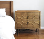 28" Natural Two Drawer Distressed Carved Geometric Solid Wood Nightstand