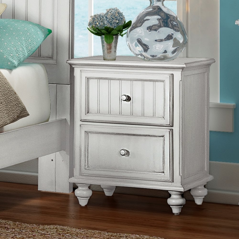 28" White Solid Wood Distressed Two Drawer Nightstand With USB Port