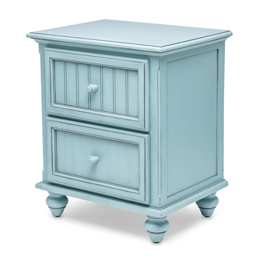 28" Blue Solid Wood Distressed Two Drawer Nightstand With USB Port