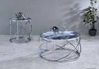 33" Blue and Silver Wood and Iron Faux Marble Geometric Frame Round Coffee Table