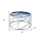 33" Blue and Silver Wood and Iron Faux Marble Geometric Frame Round Coffee Table