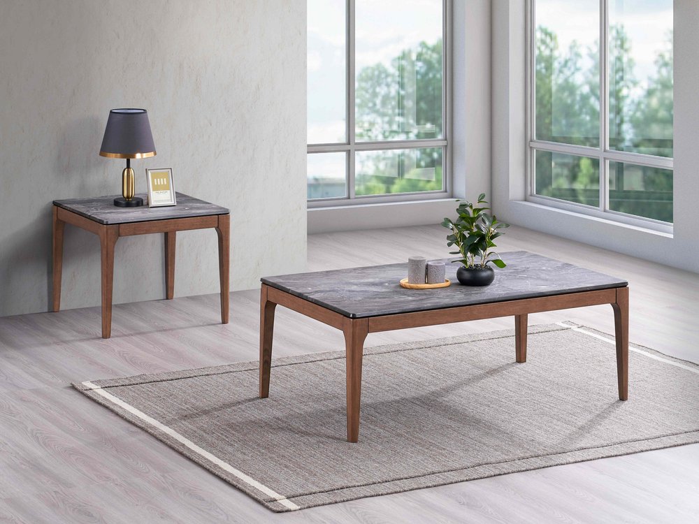 47" Gray and Walnut Stone And Solid Wood Coffee Table
