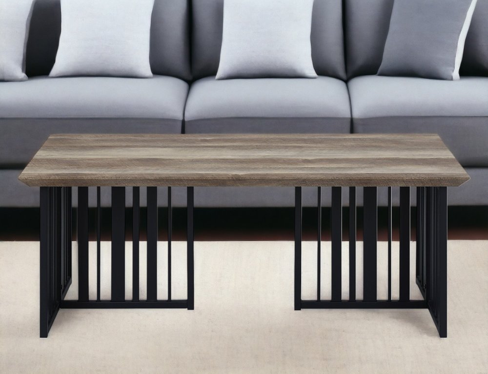 47" Oak and Black Wood And Metal Distressed Frame Coffee Table