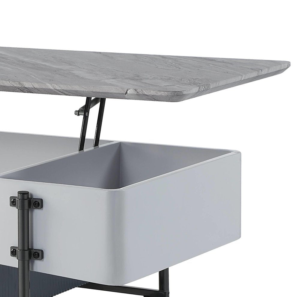 47" Gray White and Black Faux Marble Wood and Steel Lift Top Coffee Table