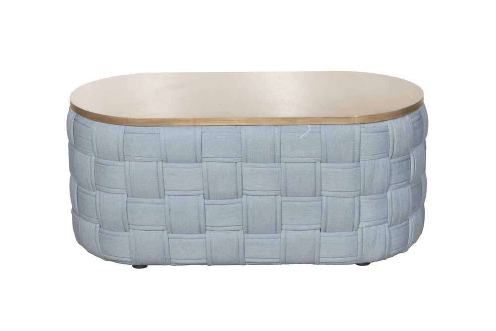41" Natural and Blue Wood And Woven Fabric Oval Coffee Table