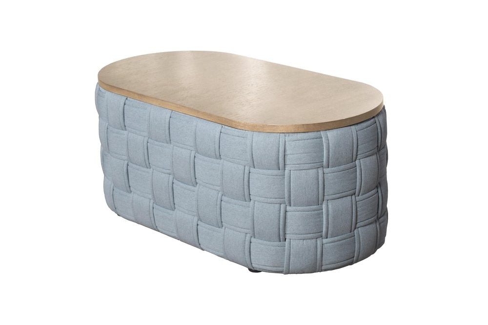 41" Natural and Blue Wood And Woven Fabric Oval Coffee Table
