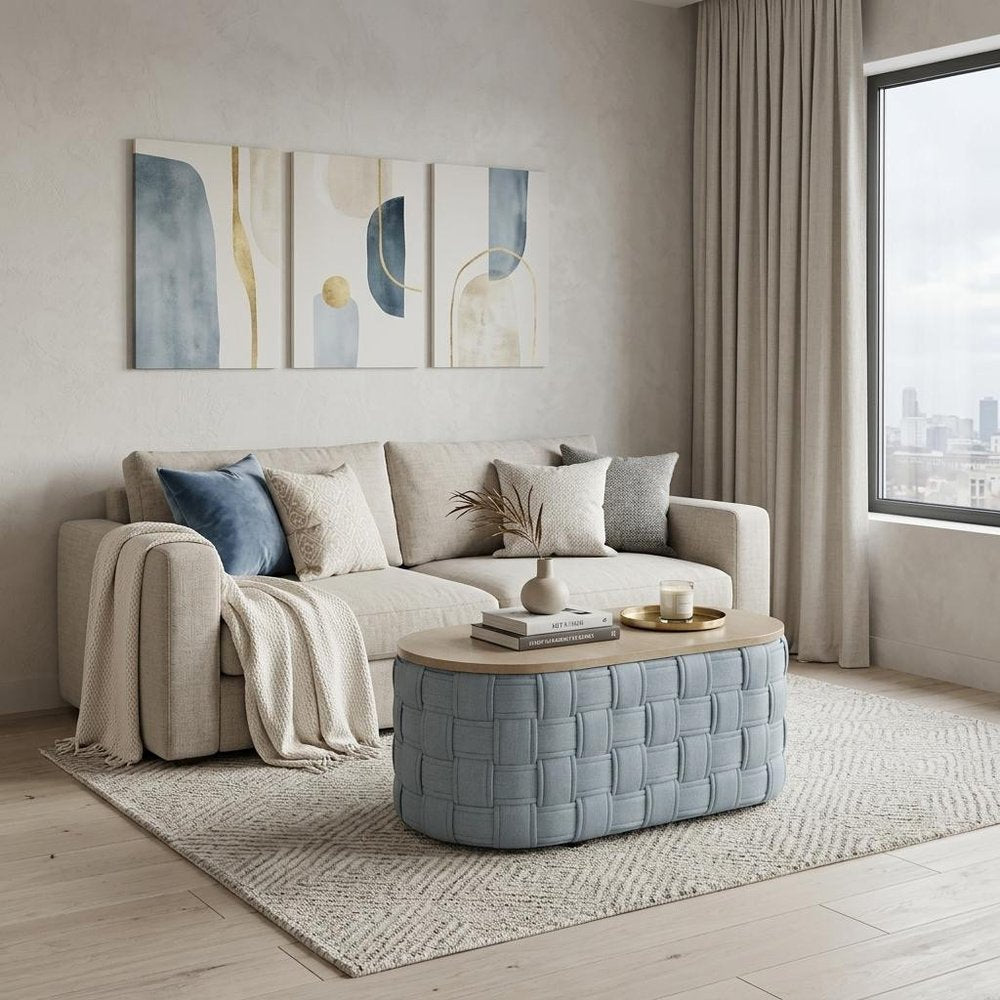 41" Natural and Blue Wood And Woven Fabric Oval Coffee Table