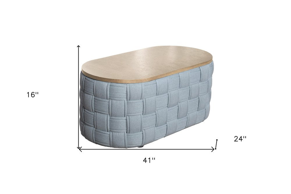 41" Natural and Blue Wood And Woven Fabric Oval Coffee Table