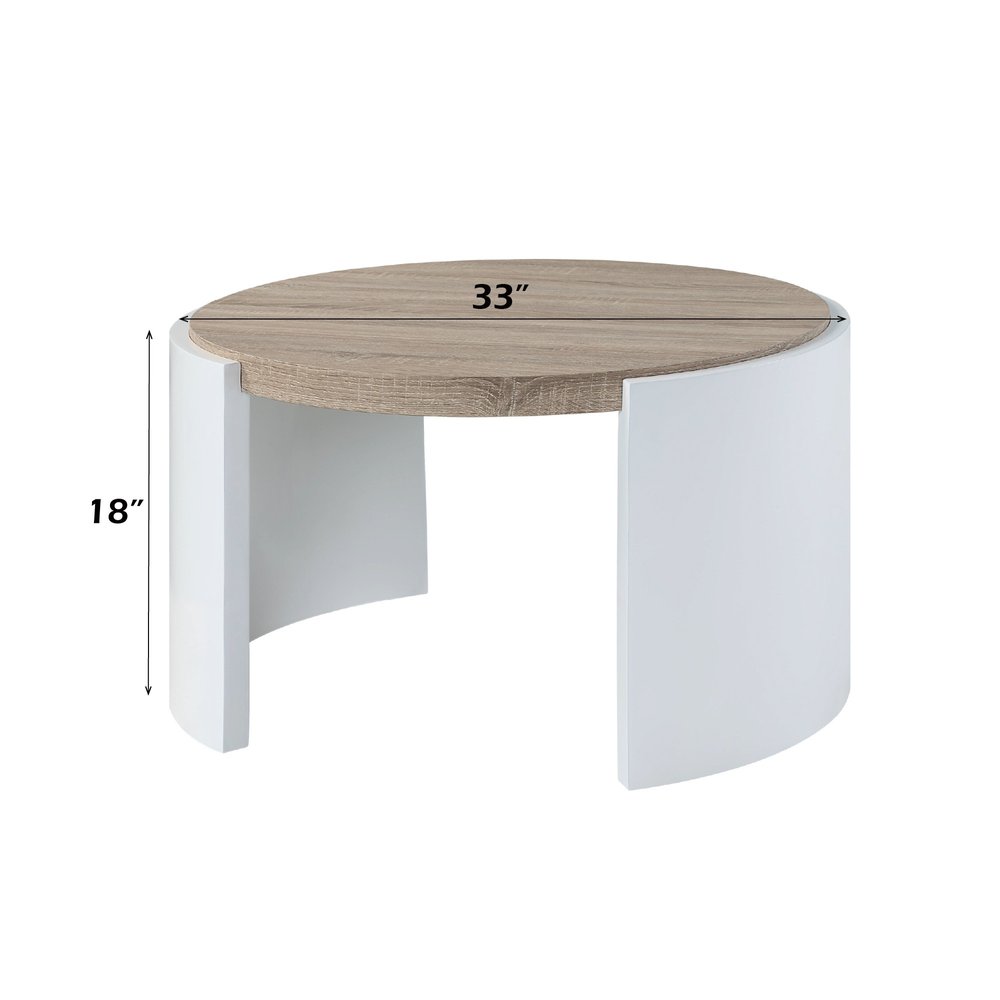 33" Oak and White Wood Round Partial Frame Coffee Table