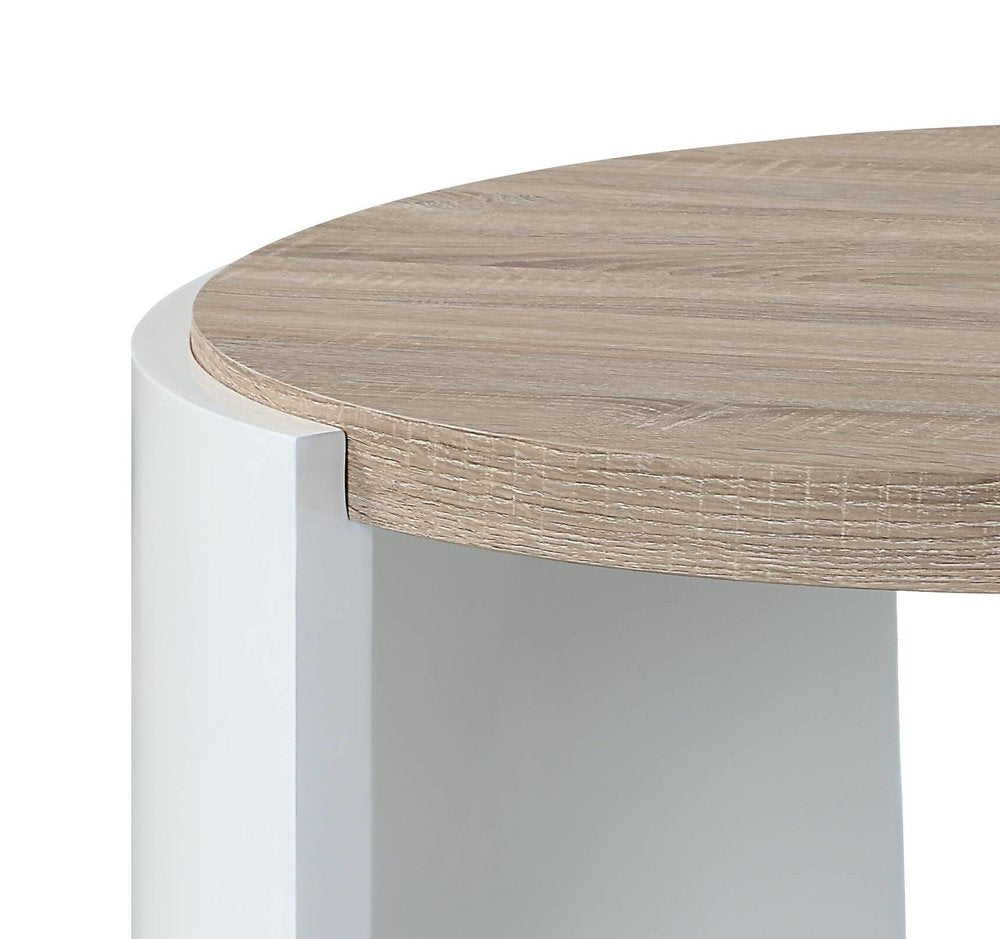 33" Oak and White Wood Round Partial Frame Coffee Table